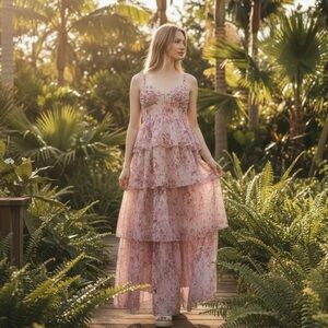 Birdy Grey Pink Floral Tiered Maxi Dress